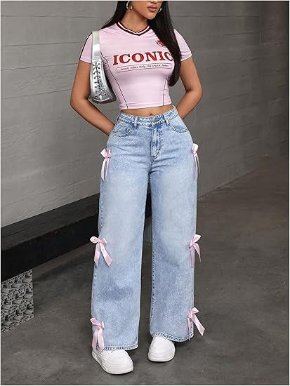 Bowknot Collage Washed Jeans Loose Straight-leg Wide-leg Pants