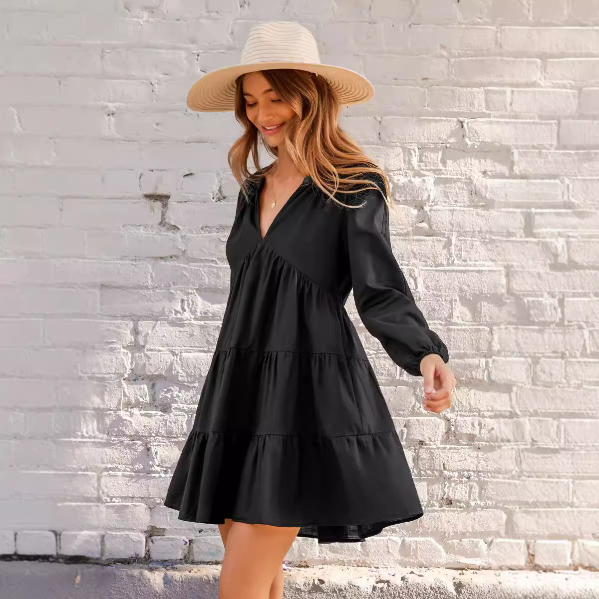 Black V-neck Long Sleeve Ruffled Hem Mini Dress