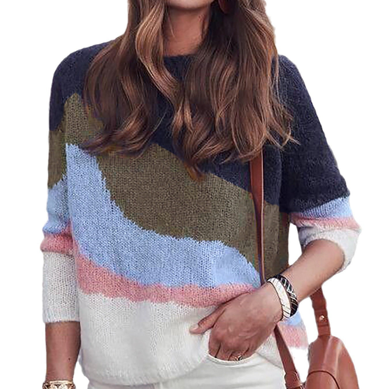 Round Neck Contrast Color Long Sleeve Pullover Casual Spring And Autumn